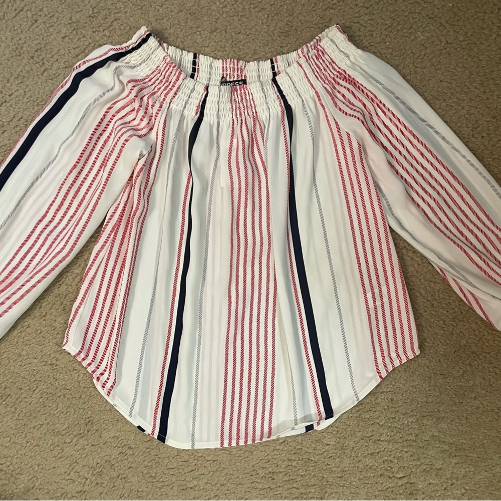 Express Cream and Red Striped off shoulder blouse with smocking details